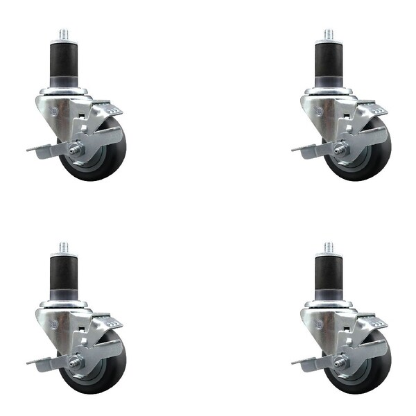3'' SS Thermoplastic Rubber Swivel 1-5/8'' Expanding Stem Caster Set with Brake, 4PK